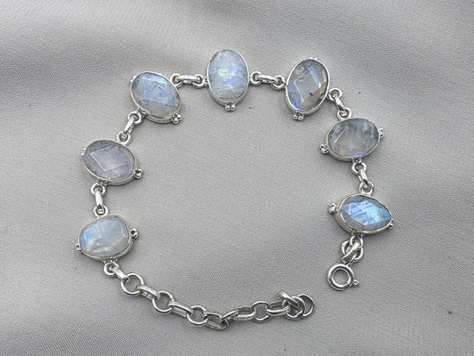 Rainbow Moonstone 925 Sterling Silver Bracelet Natural Oval Link Jewelry