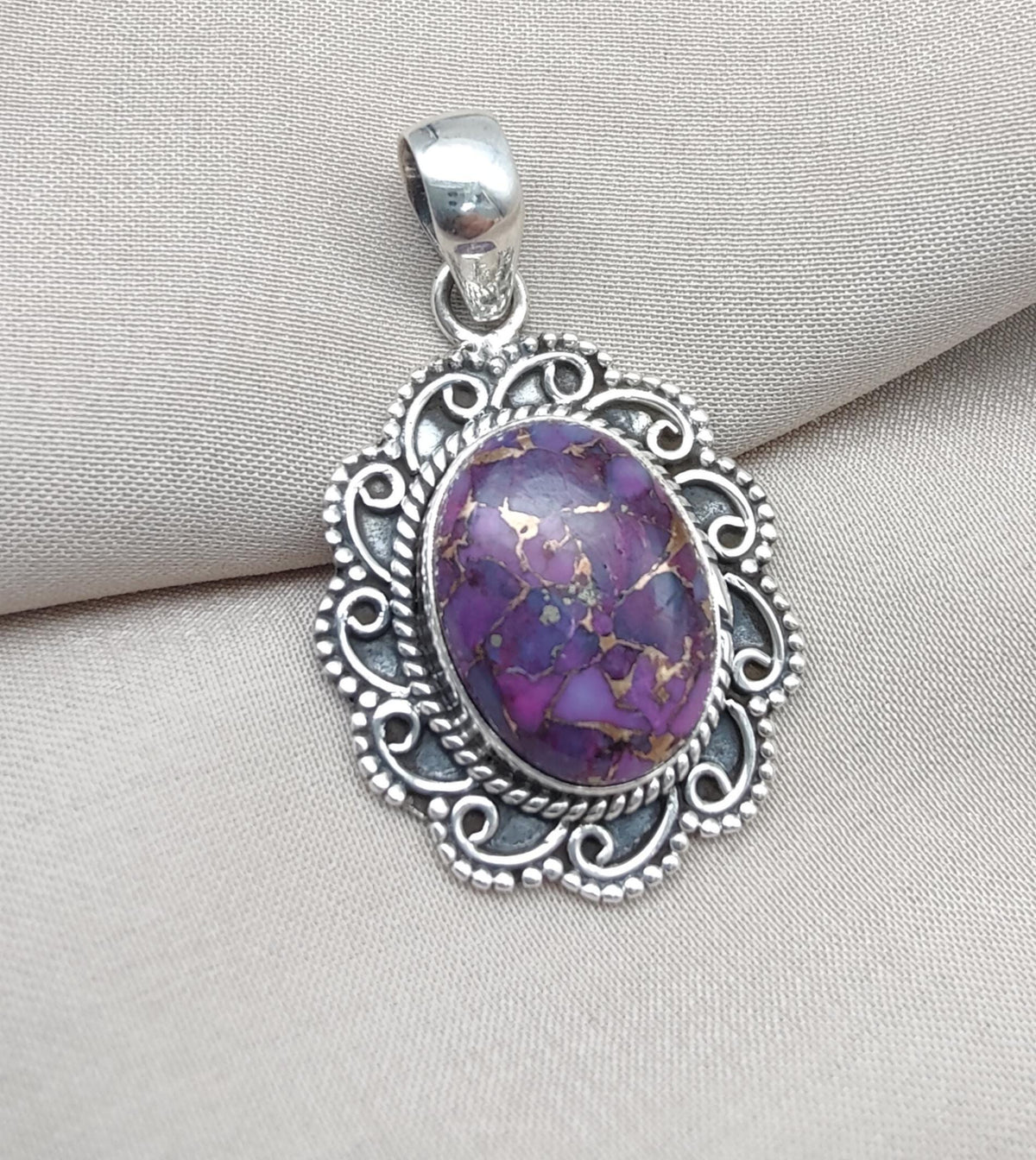 Purple Copper Turquoise Pendant: Sterling Silver Boho Statement Necklace