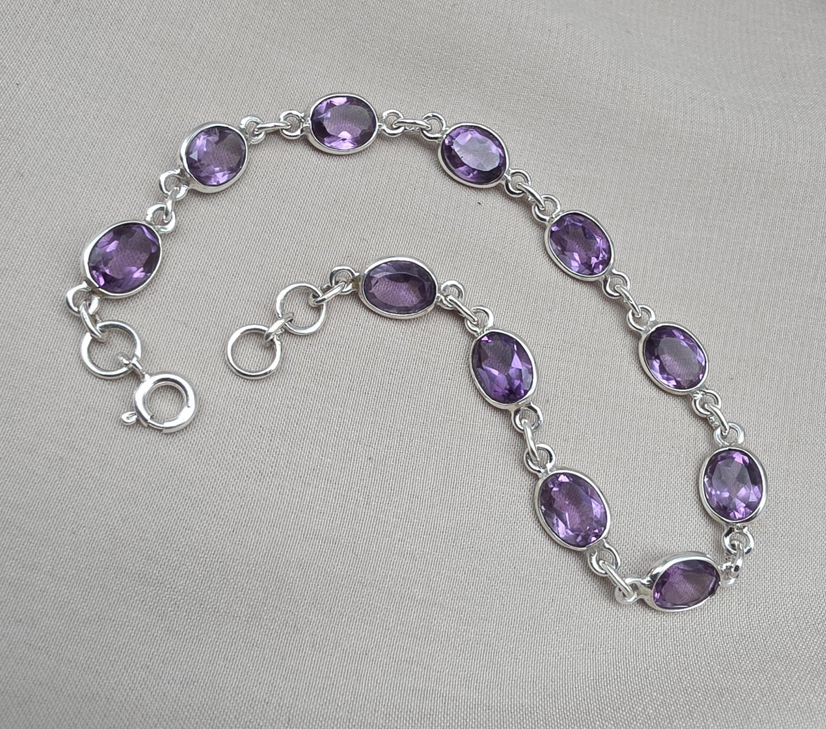925 Sterling Silver Amethyst Bracelet Natural Purple Gemstone Oval Link Jewelry