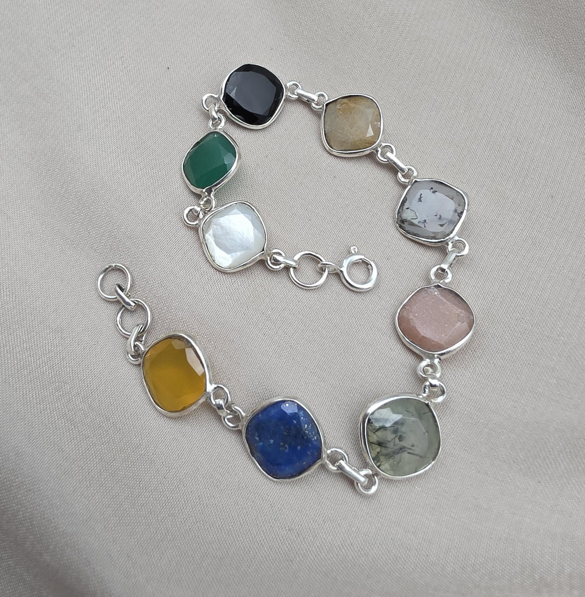 925 Sterling Silver Multi Stone Bracelet Natural Gemstone Cushion Link Jewelry