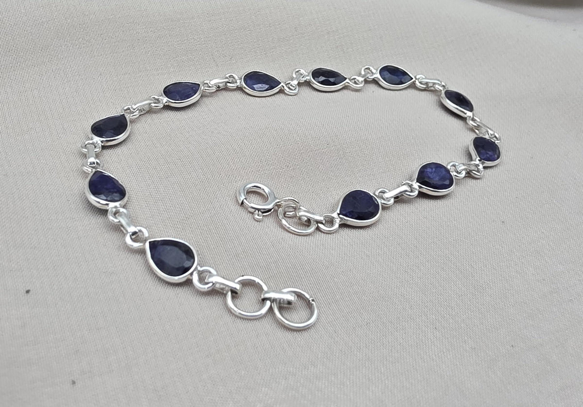 925 Sterling Silver Sapphire Bracelet Natural Blue Gemstone Pear Link Jewelry
