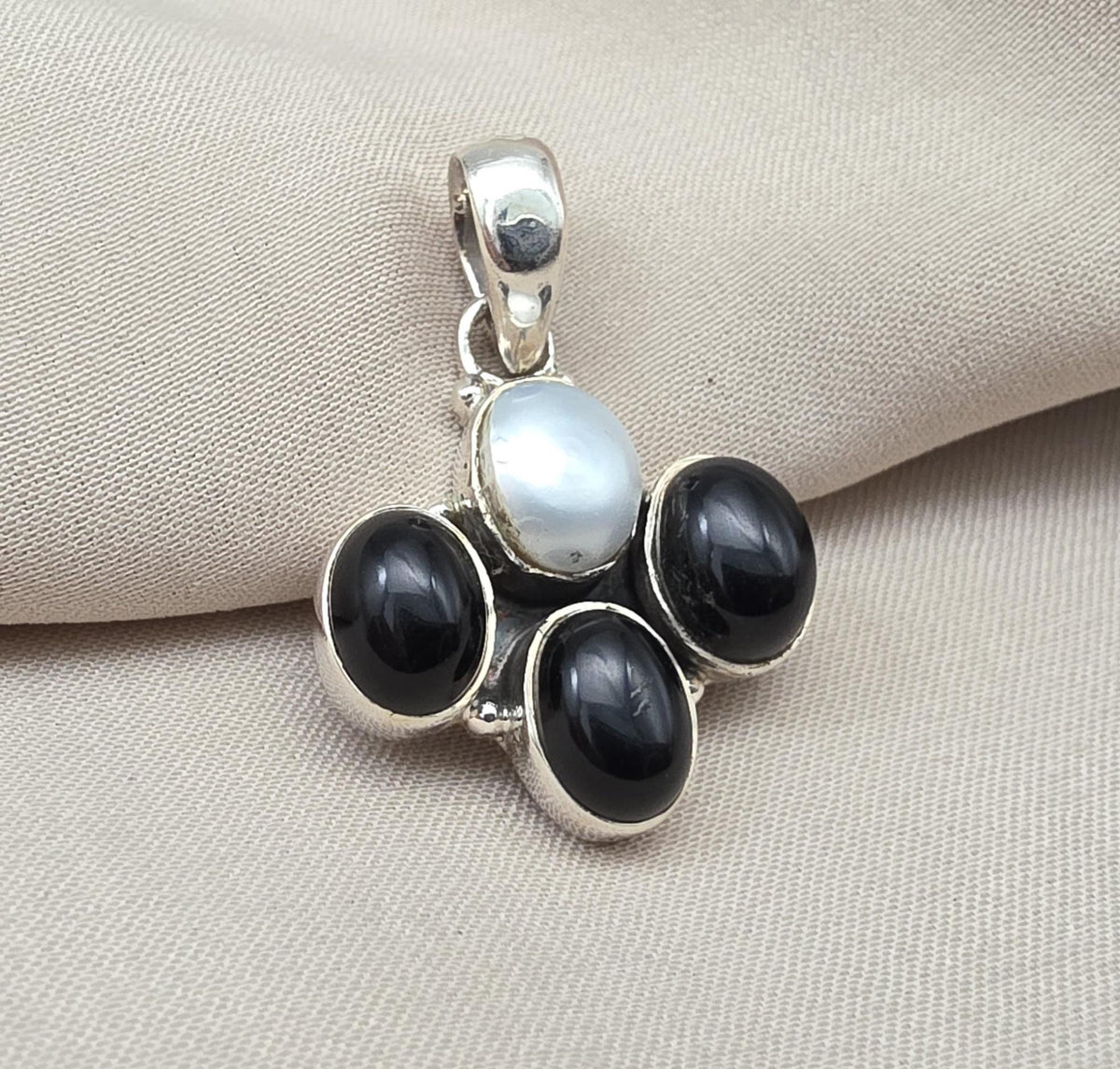 Black Onyx & Mother of Pearl 925 Sterling Silver Pendant: Handmade Boho Necklace