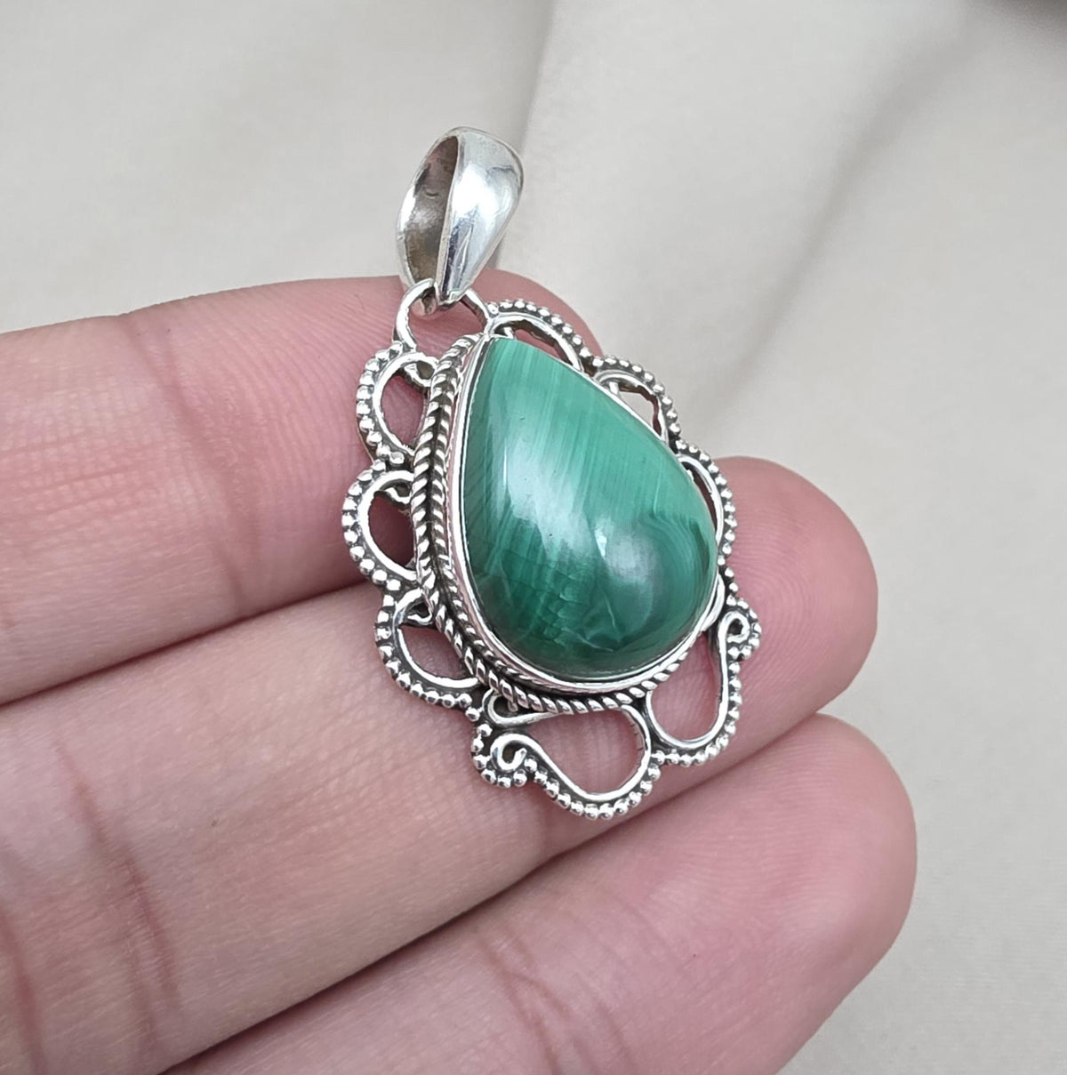 Teardrop Malachite Pendant: 925 Sterling Silver Healing Crystal Necklace