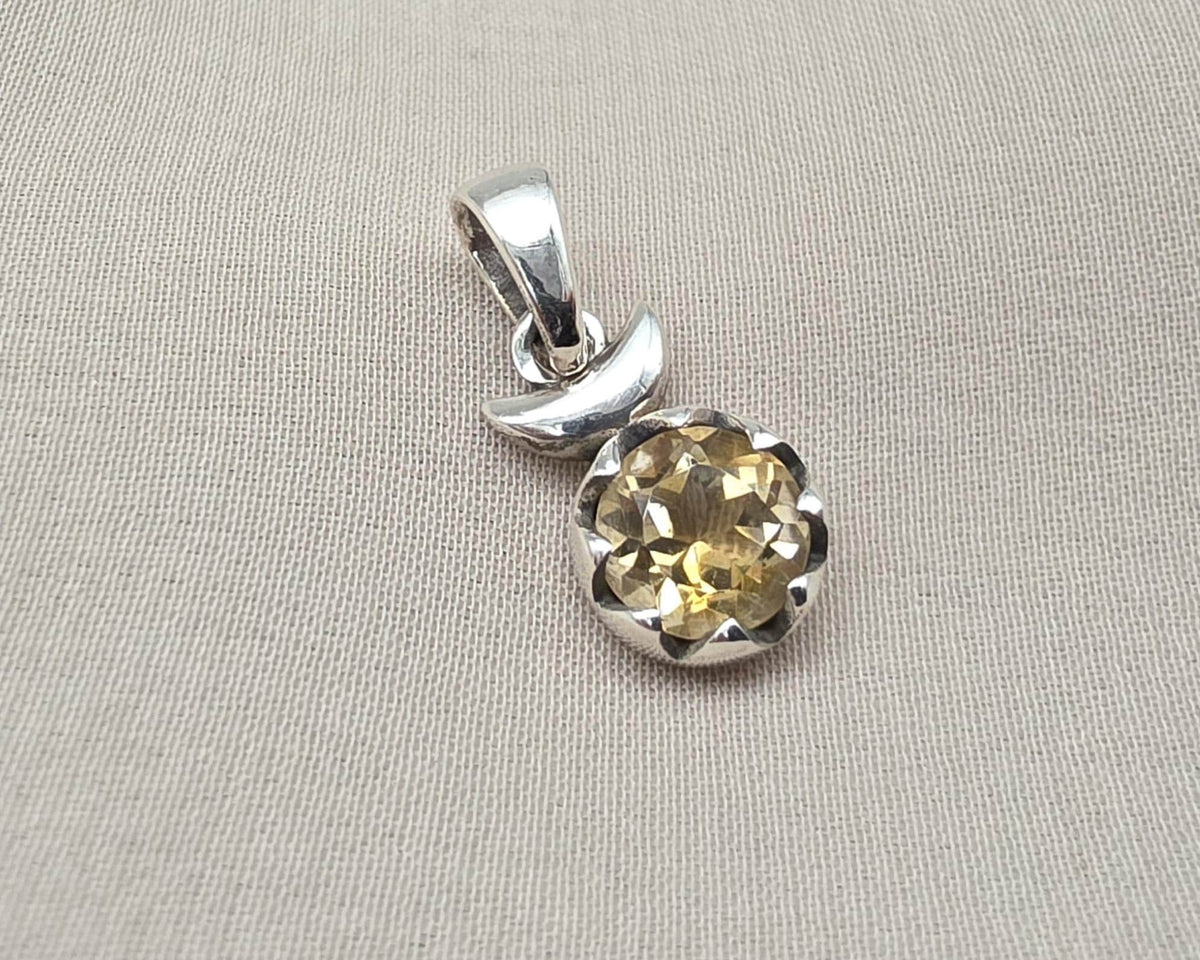 925 Sterling Silver Citrine Pendant: Round Faceted Gemstone, Wholesale Jewelry