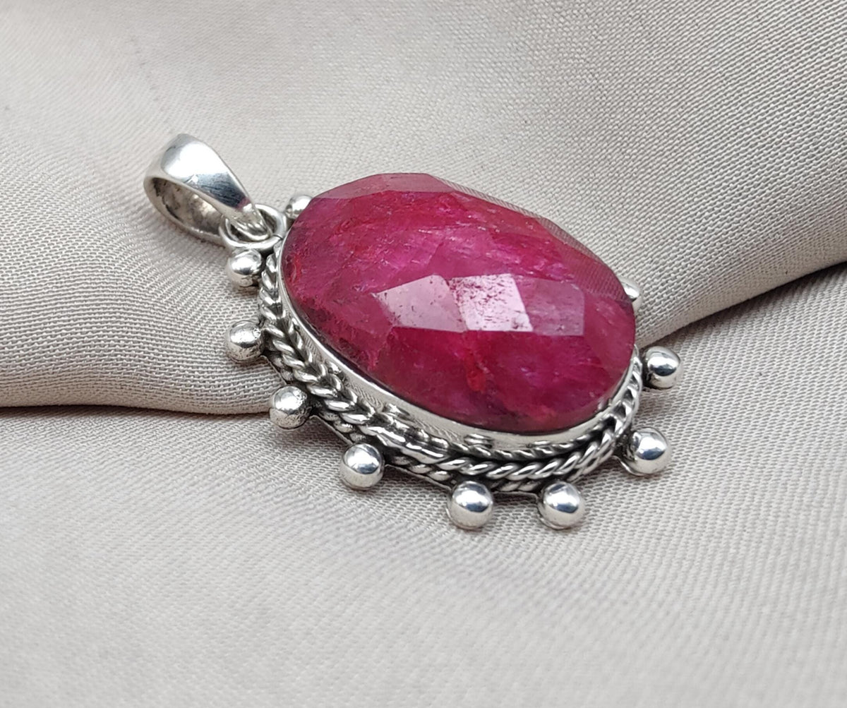 Handmade Ruby Pendant Necklace: Oval Faceted 925 Sterling Silver, July Birthstone