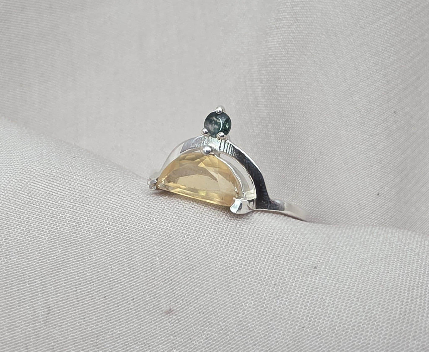 Citrine Ring 925 Sterling Silver Dual Stone Moss Agate Statement Ring