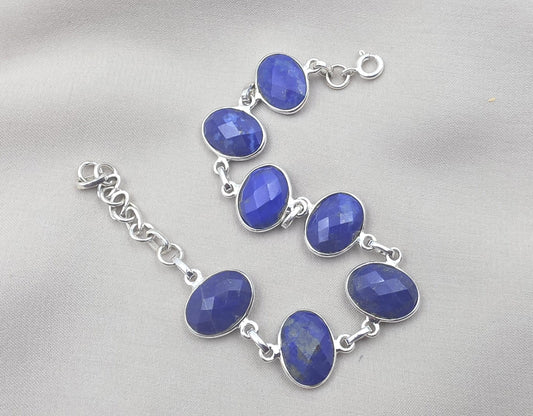 925 Sterling Silver Lapis Lazuli Bracelet Natural Blue Gemstone Bracelet Handmade Jewelry