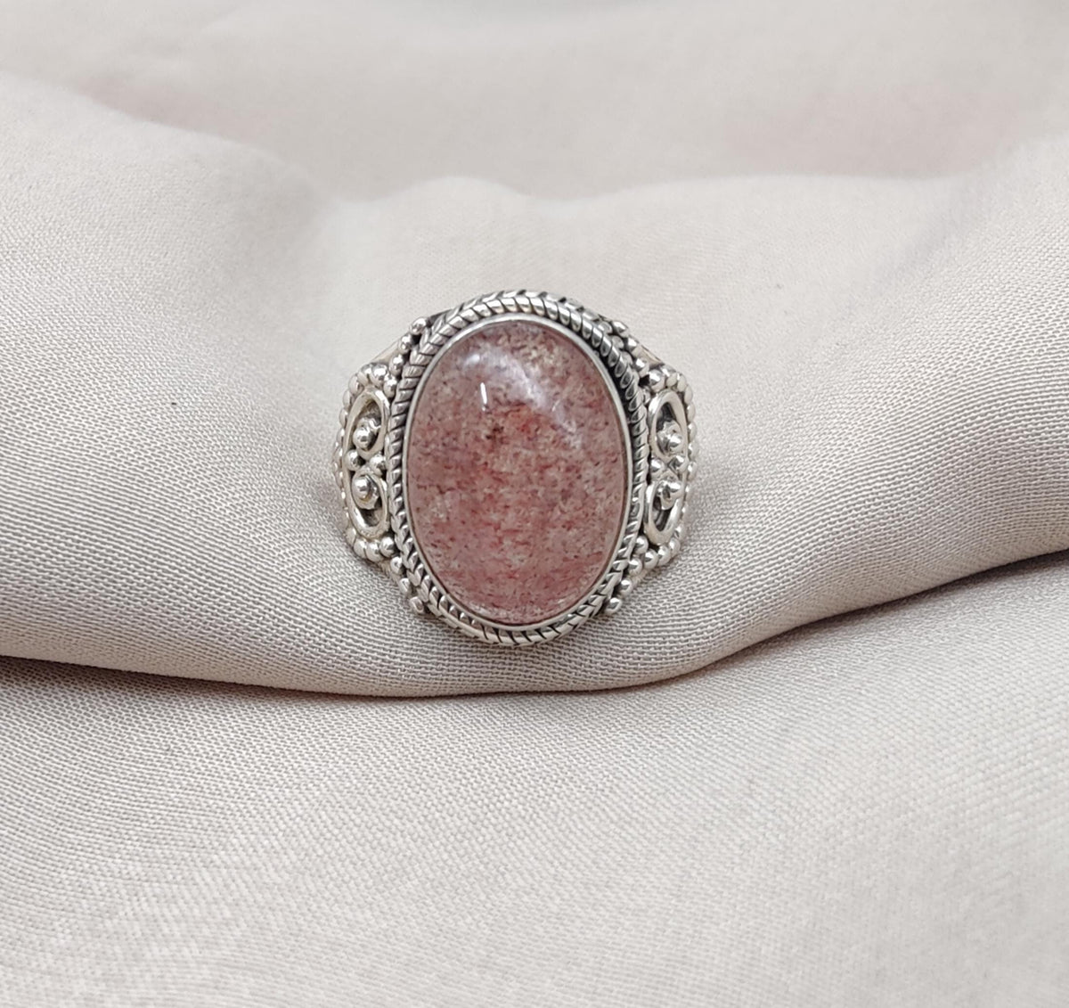 Strawberry Quartz 925 Sterling Silver Ring: Handmade Boho Gemstone Jewelry