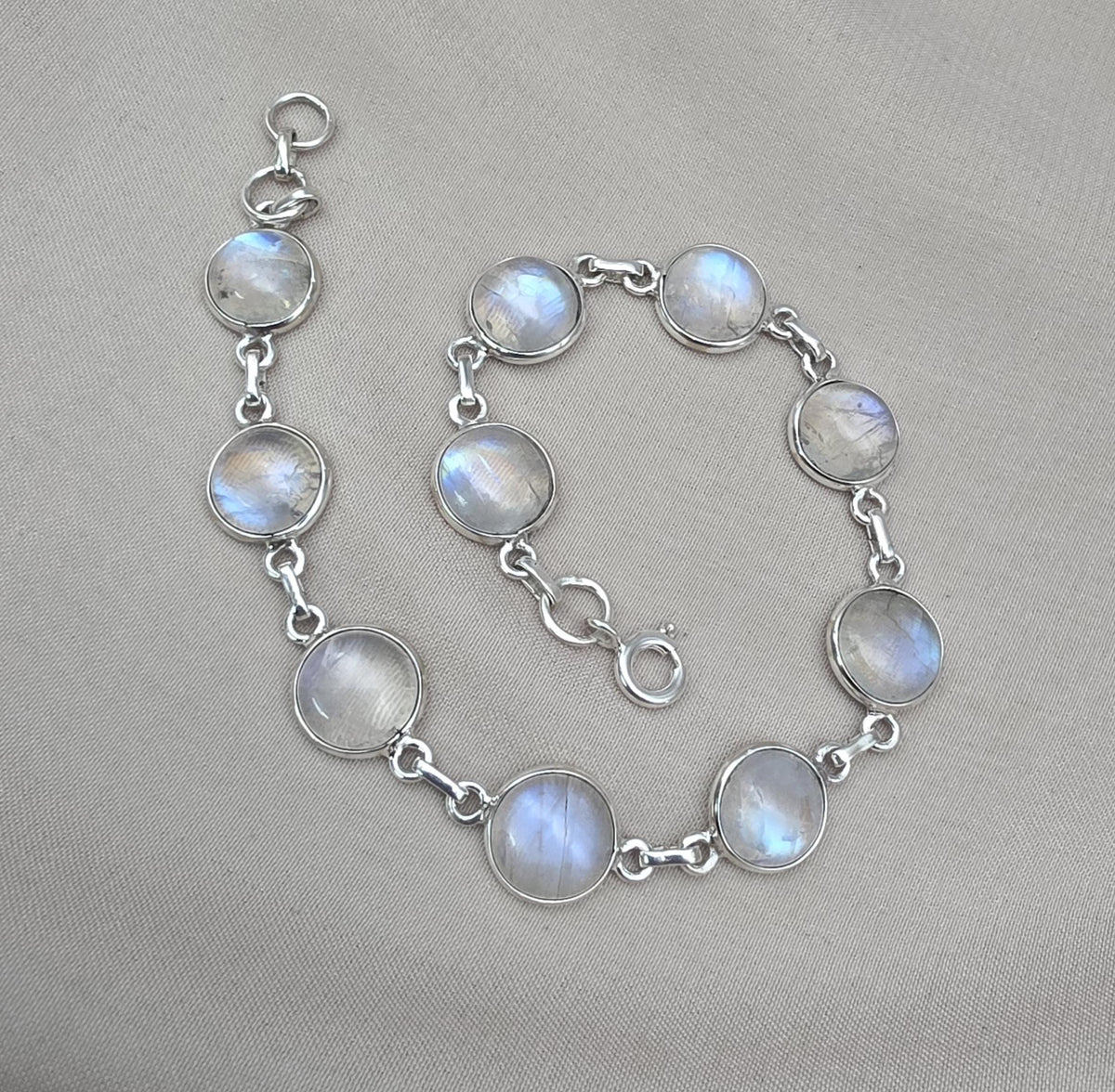 925 Sterling Silver Blue Flash Rainbow Moonstone Bracelet Natural Oval Link Jewelry