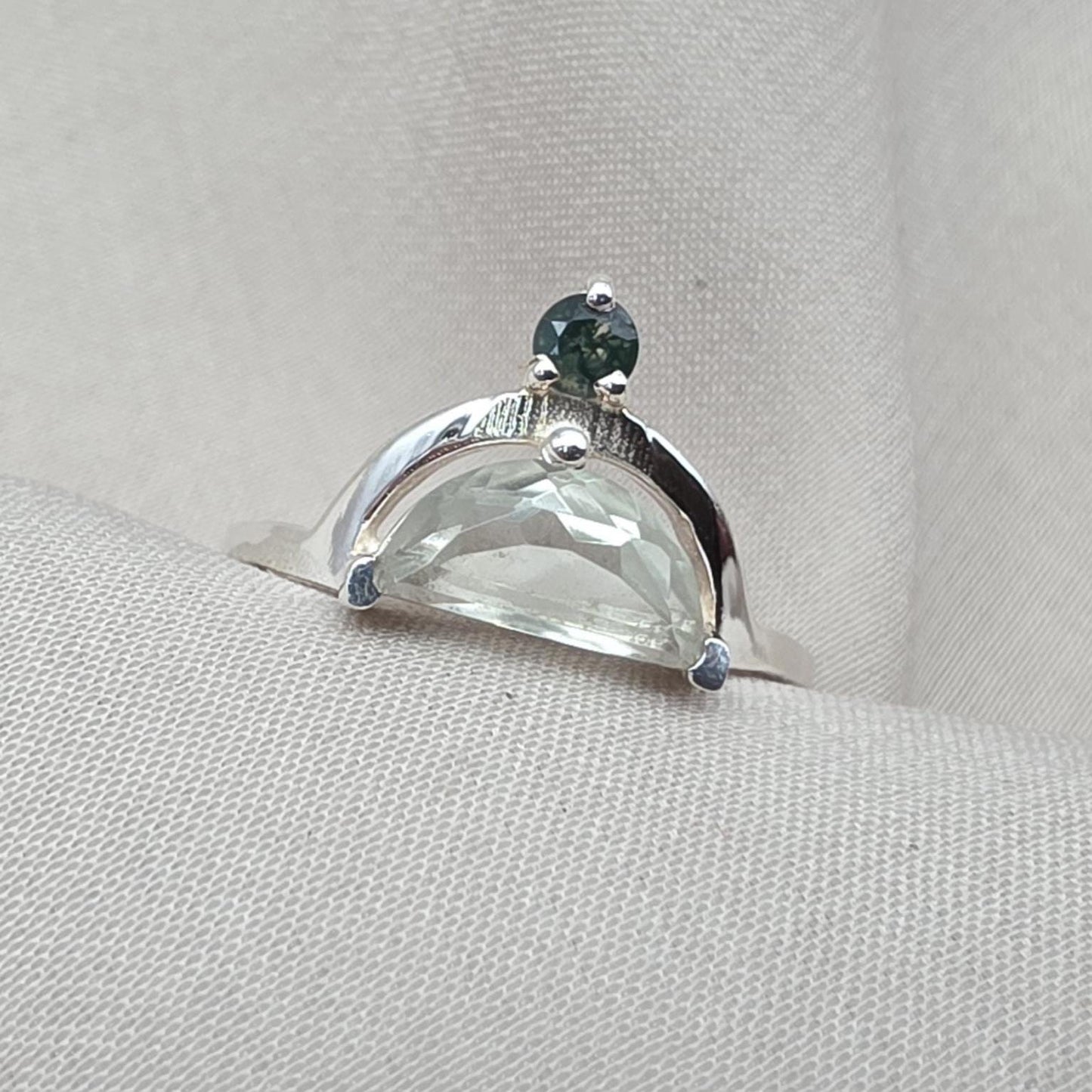 Green Amethyst Ring 925 Silver Dual Stone Moss Agate Statement Ring