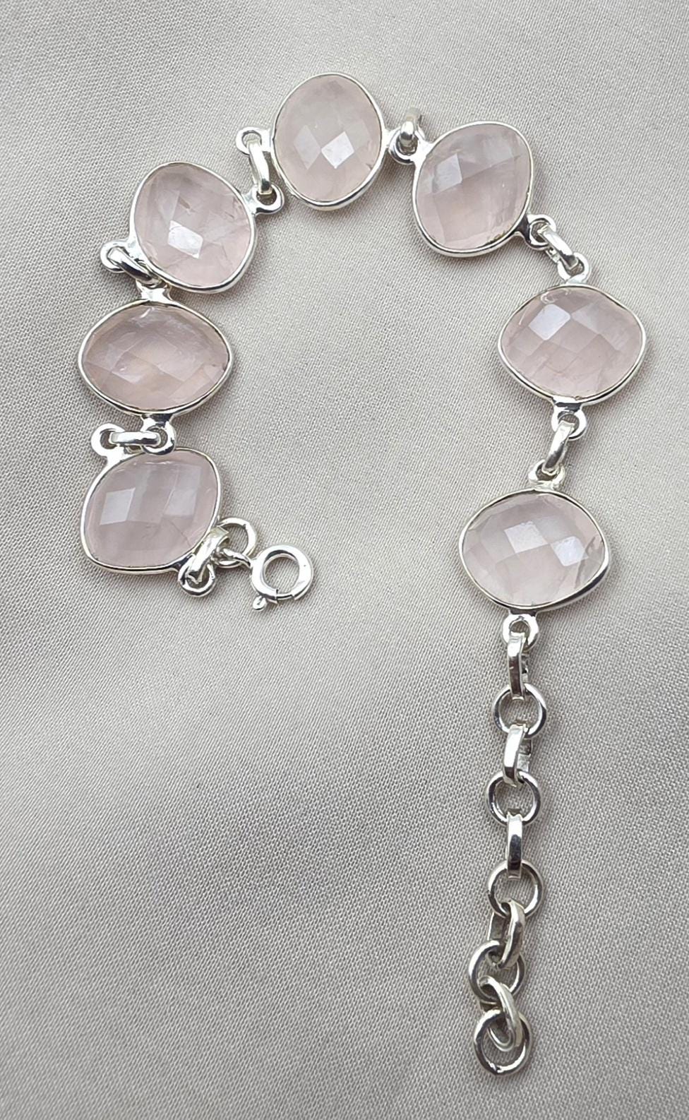 925 Sterling Silver Rose Quartz Natural Gemstone Link Bracelet Handmade Jewelry Gift for Her