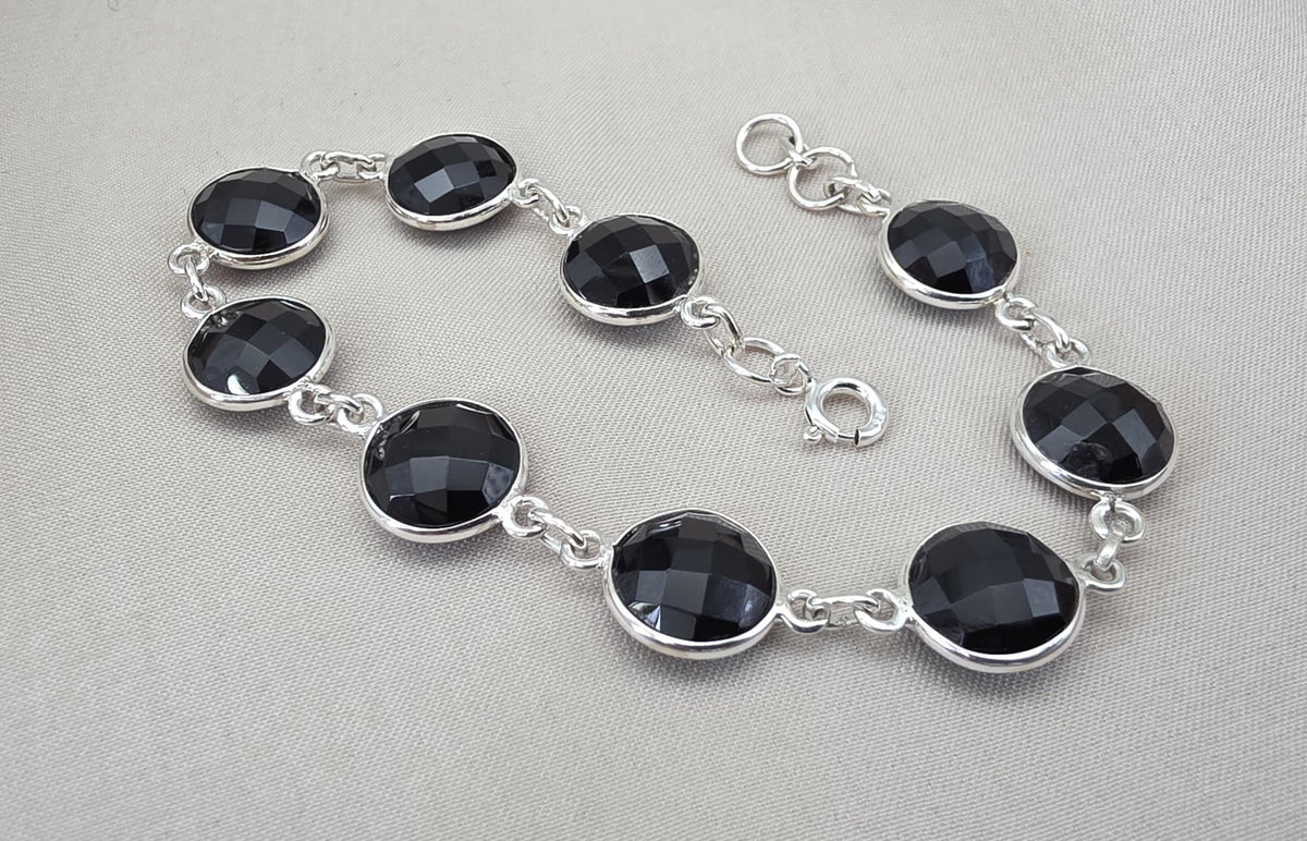 Black Onyx Bracelet 925 Sterling Silver Faceted Round Stone Link Bracelet Handmade Jewelry