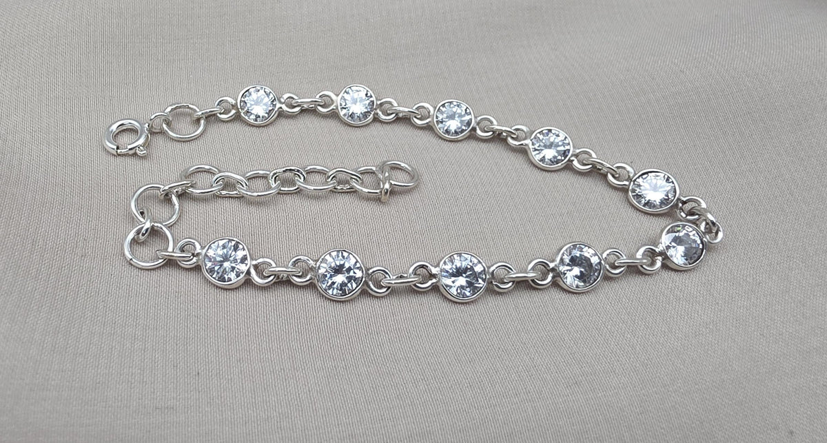 925 Sterling Silver Zircon Bracelet Minimal Sparkle Round Link Jewelry