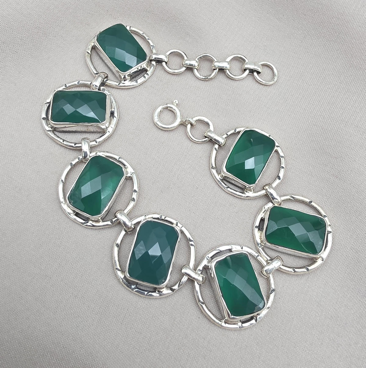 925 Sterling Silver Green Onyx Bracelet Bold Statement Gemstone Link Bracelet Gift for Her
