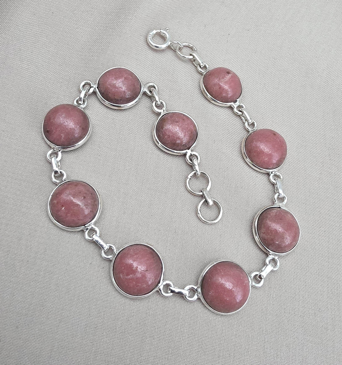 Rhodochrosite Bracelet 925 Sterling Silver Round Cabochon Pink Gemstone Link Bracelet Handmade Jewelry