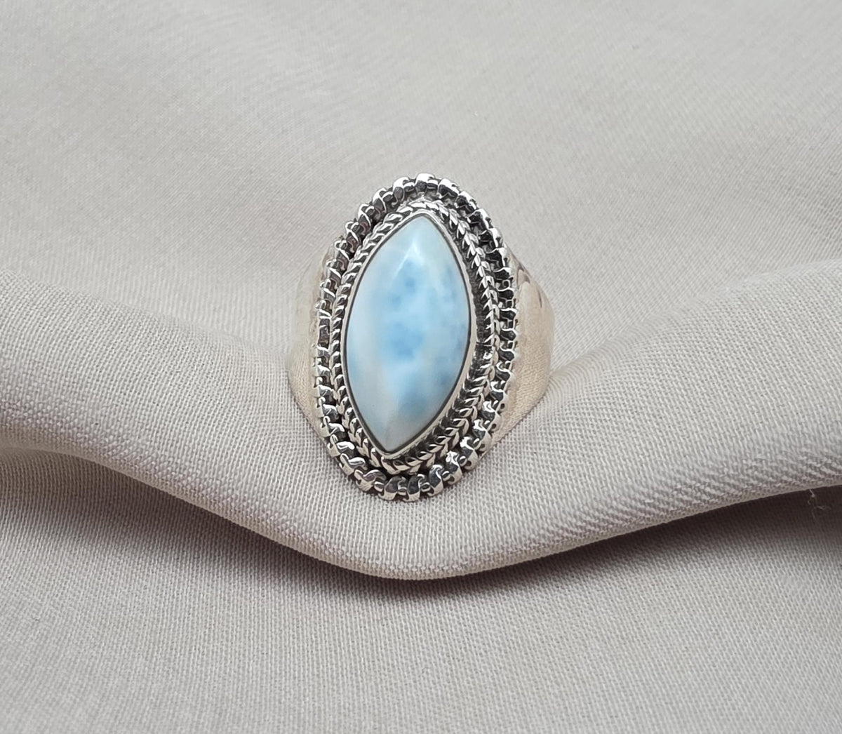 Natural Larimar Ring 925 Sterling Silver Larimar Marquise Cut Gemstone Boho Statement Jewelry
