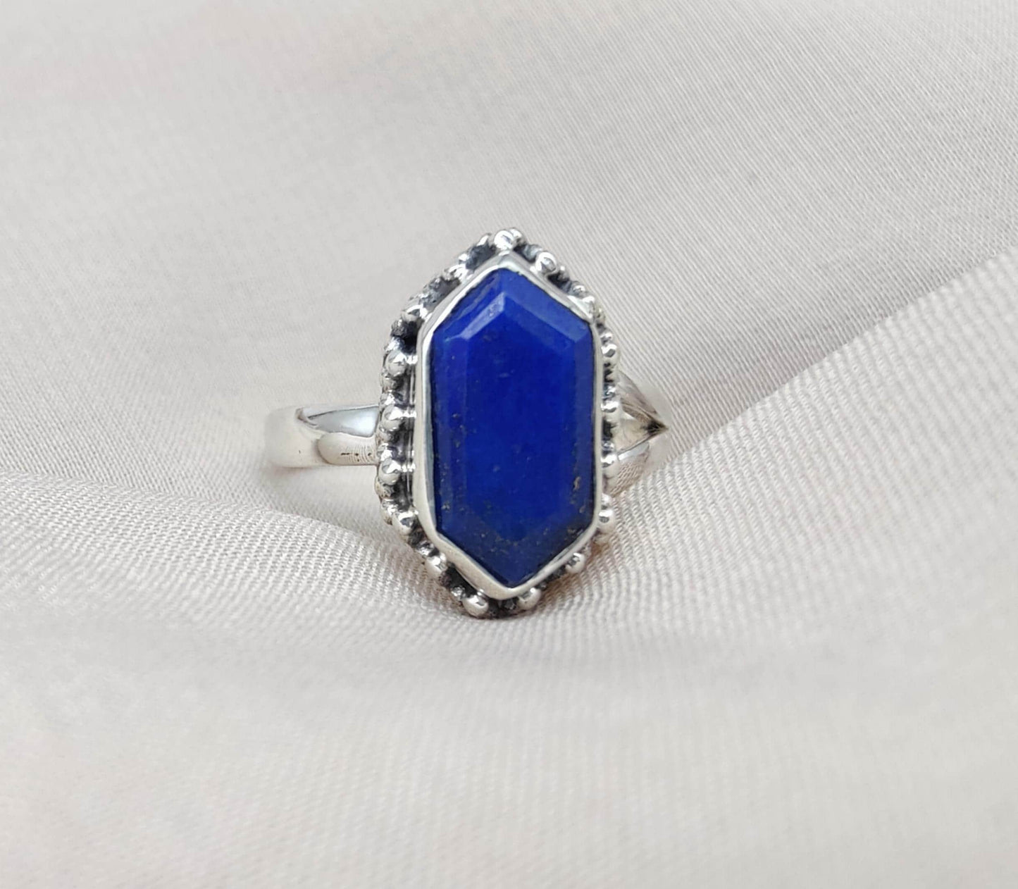 Natural Lapis Lazuli 925 Sterling Silver Ring: Handmade Hexagon Gemstone, Boho Jewelry