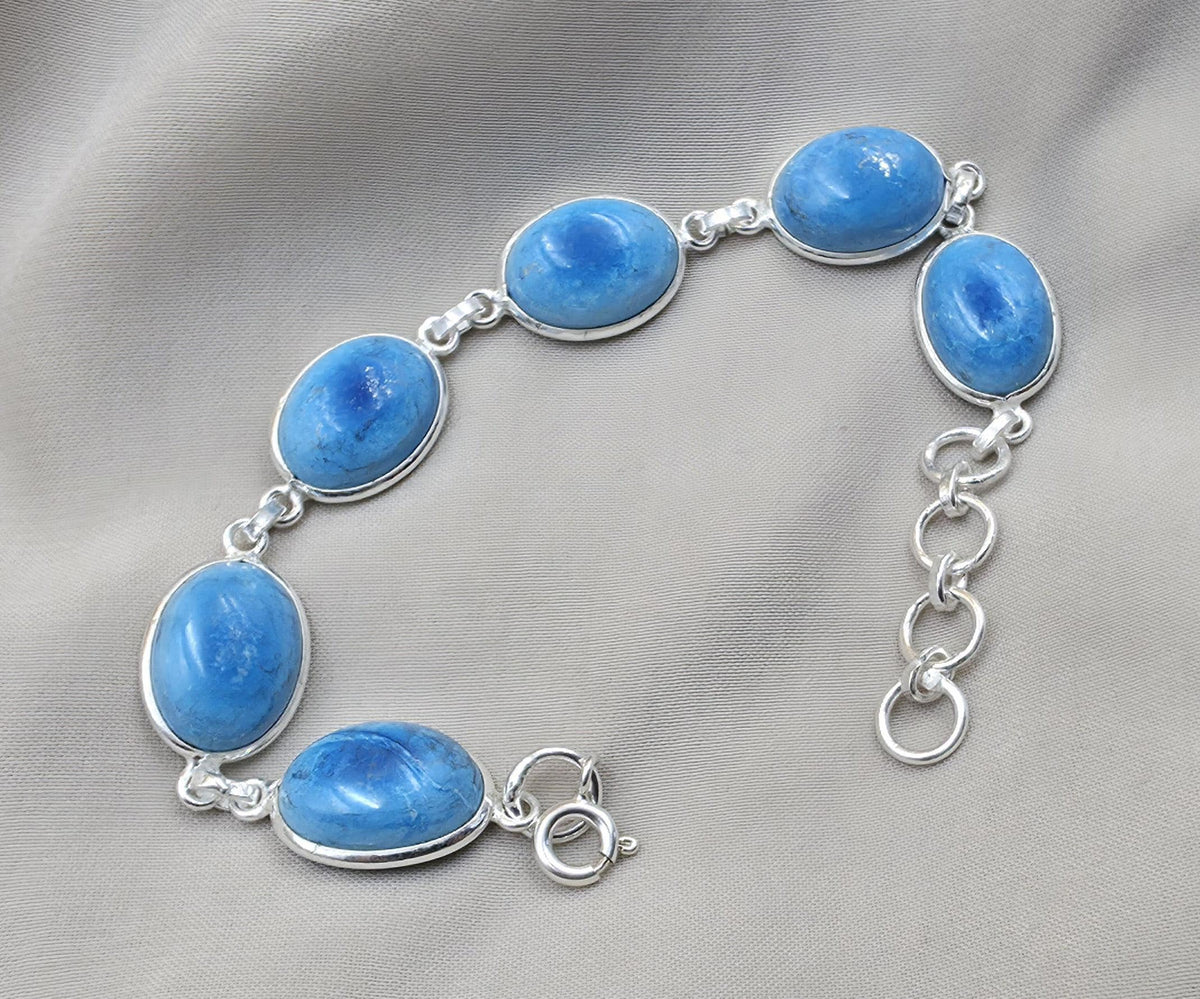 925 Sterling Silver Larimar Bracelet Natural Blue Gemstone Oval Link Jewelry