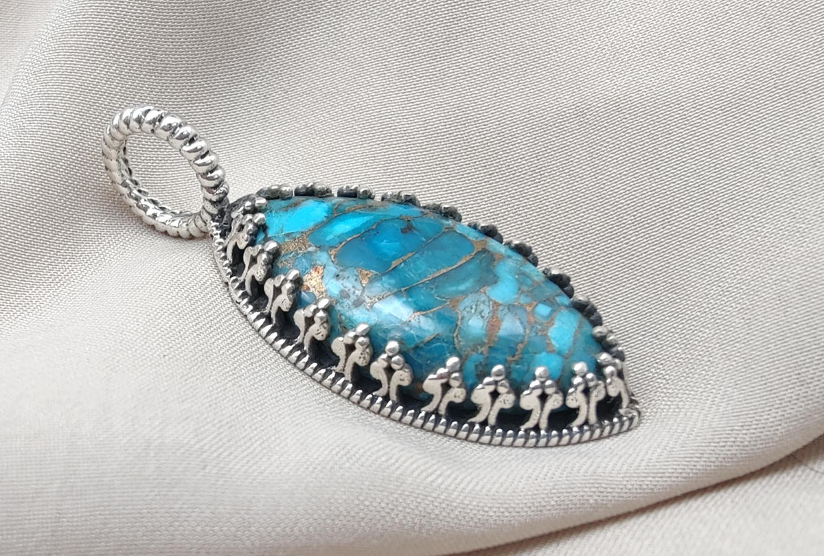 Blue Copper Turquoise Pendant: Sterling Silver Marquise Boho Necklace