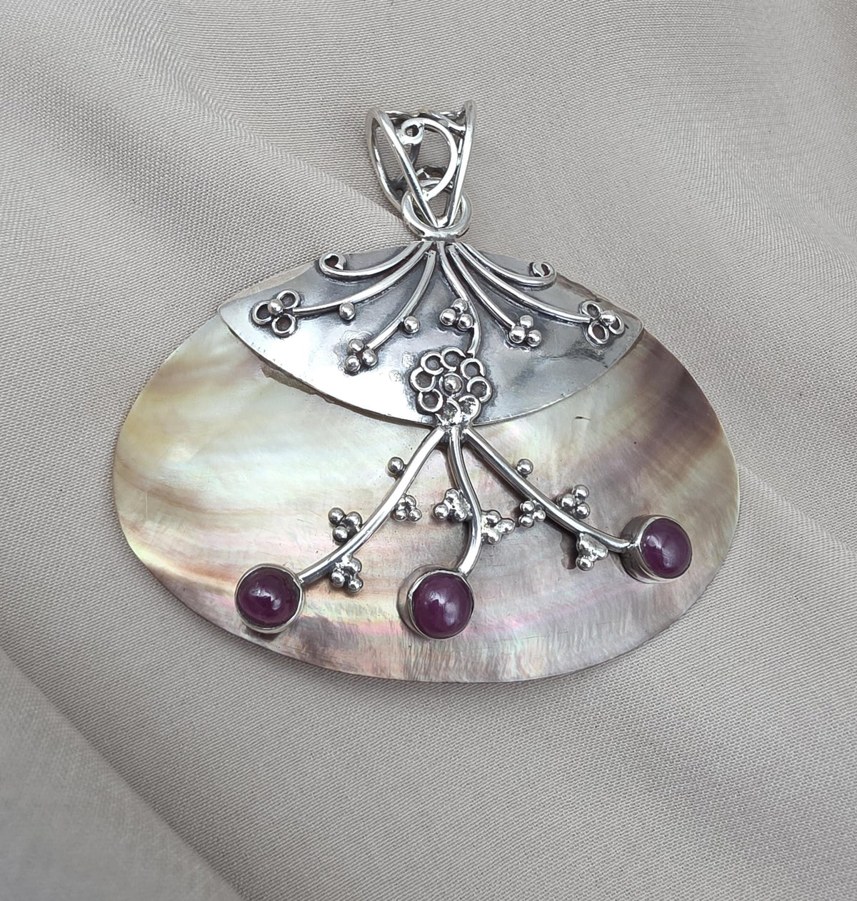 Mother of Pearl Silver Pendant Natural Ruby Cabochon Handmade 925 Sterling Silver Gemstone Jewelry