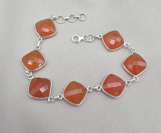 Sterling Silver Carnelian Bracelet, Faceted Gemstone Handmade Jewelry