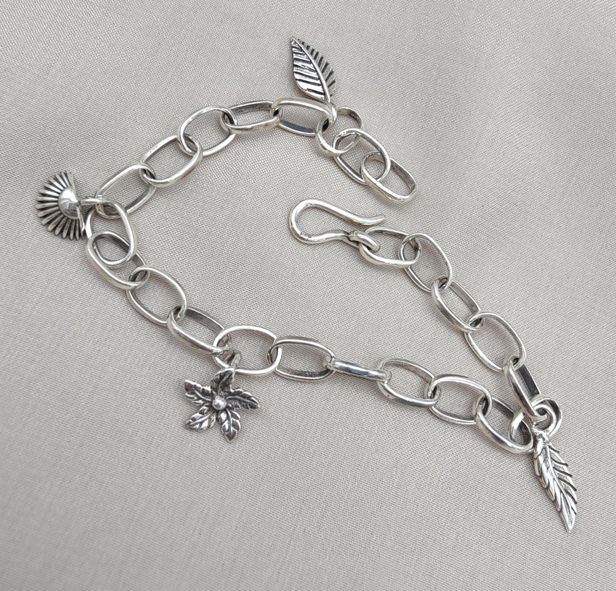 Sterling Silver Charm Bracelet: Leaf, Shell & Flower Charms - Handmade
