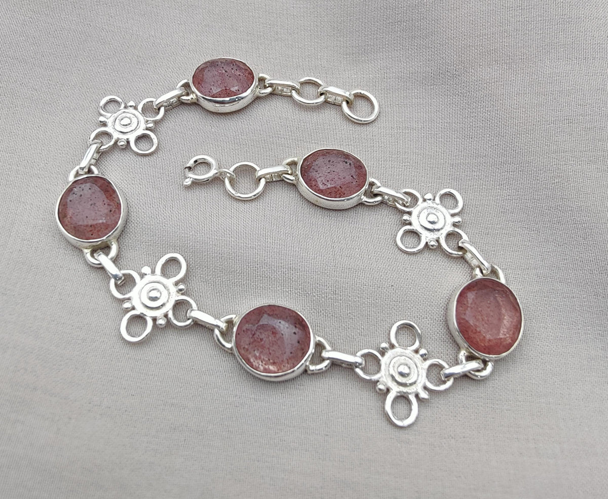 Pink Strawberry Quartz 925 Sterling Silver Bracelet | Handmade Adjustable Gemstone Jewelry Gift for Women
