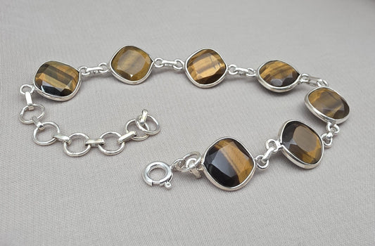 925 Sterling Silver Tiger Eye Bracelet Faceted Cushion Cut Gemstone Bracelet Gift for Her