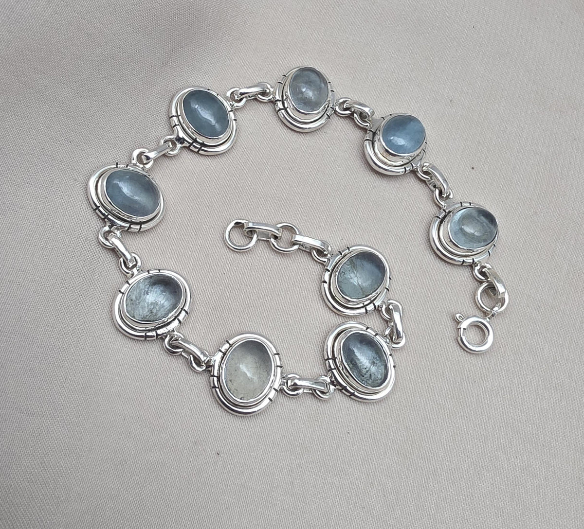 925 Sterling Silver Aqua Milky Gemstone Bracelet Natural Blue Cabochon Handmade Jewelry