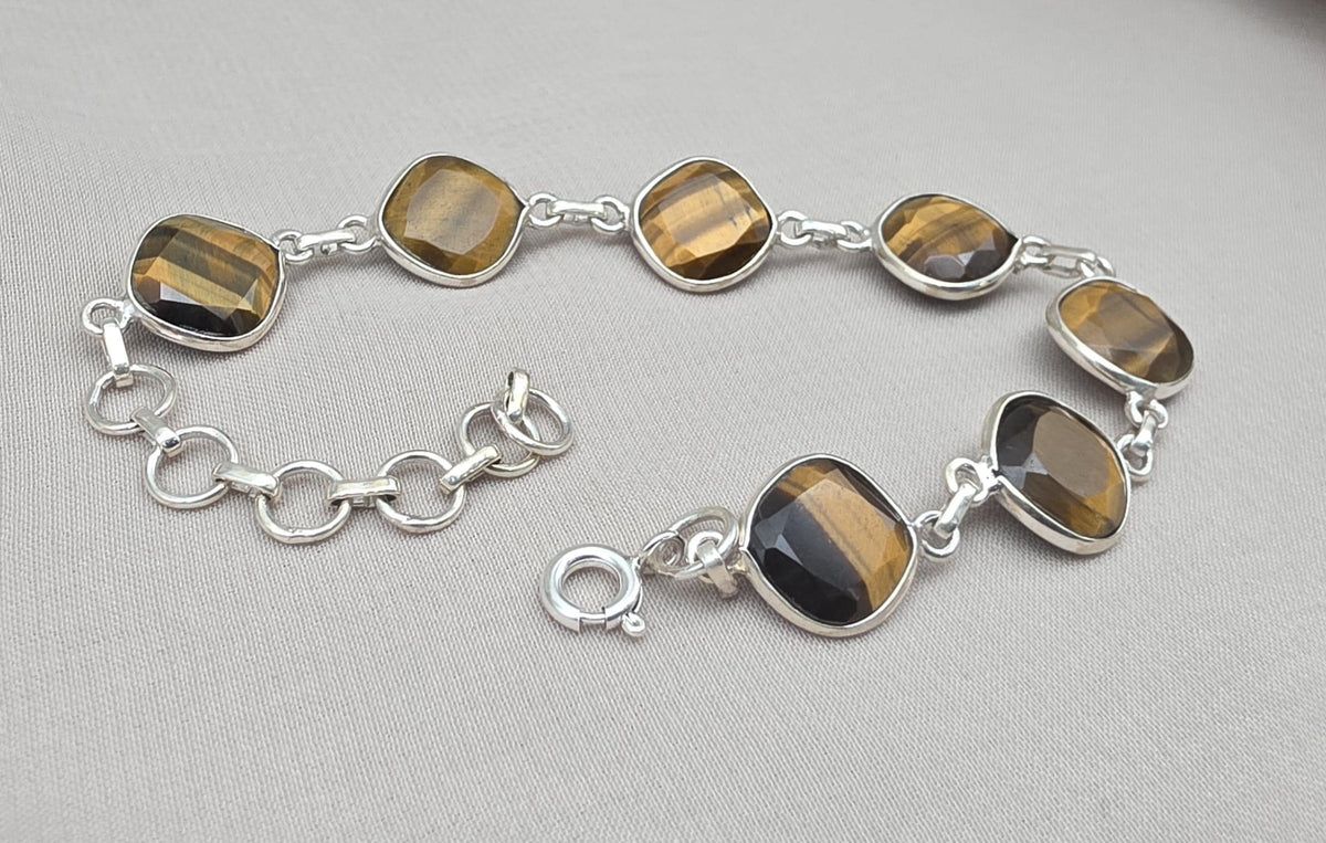 925 Sterling Silver Tiger Eye Bracelet Faceted Cushion Cut Gemstone Bracelet Gift for Her