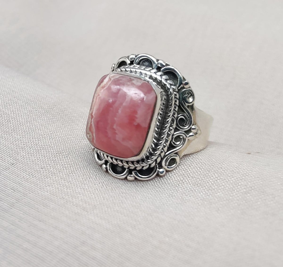 Handmade Rhodochrosite Sterling Silver Ring: Boho October Birthstone