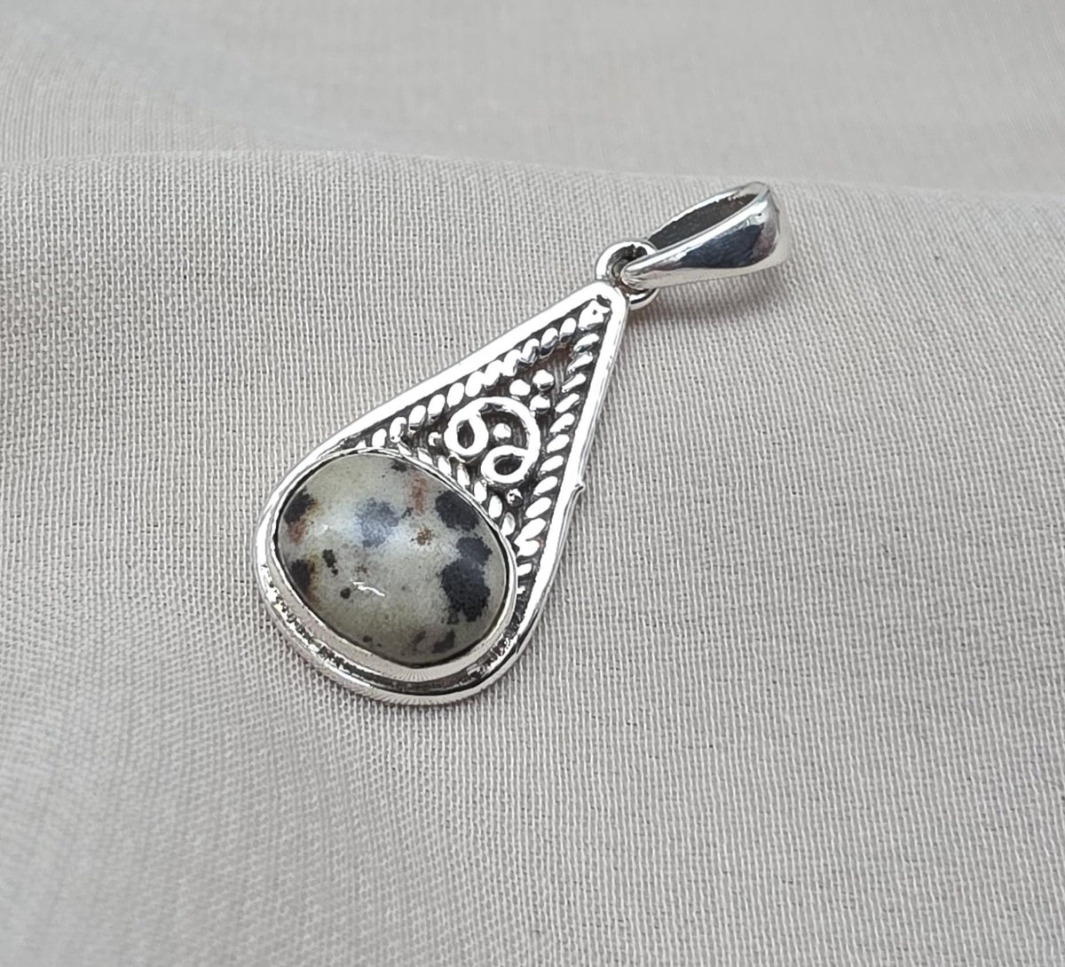 Sterling Silver Dalmatian Jasper Pendant: Teardrop Boho Necklace