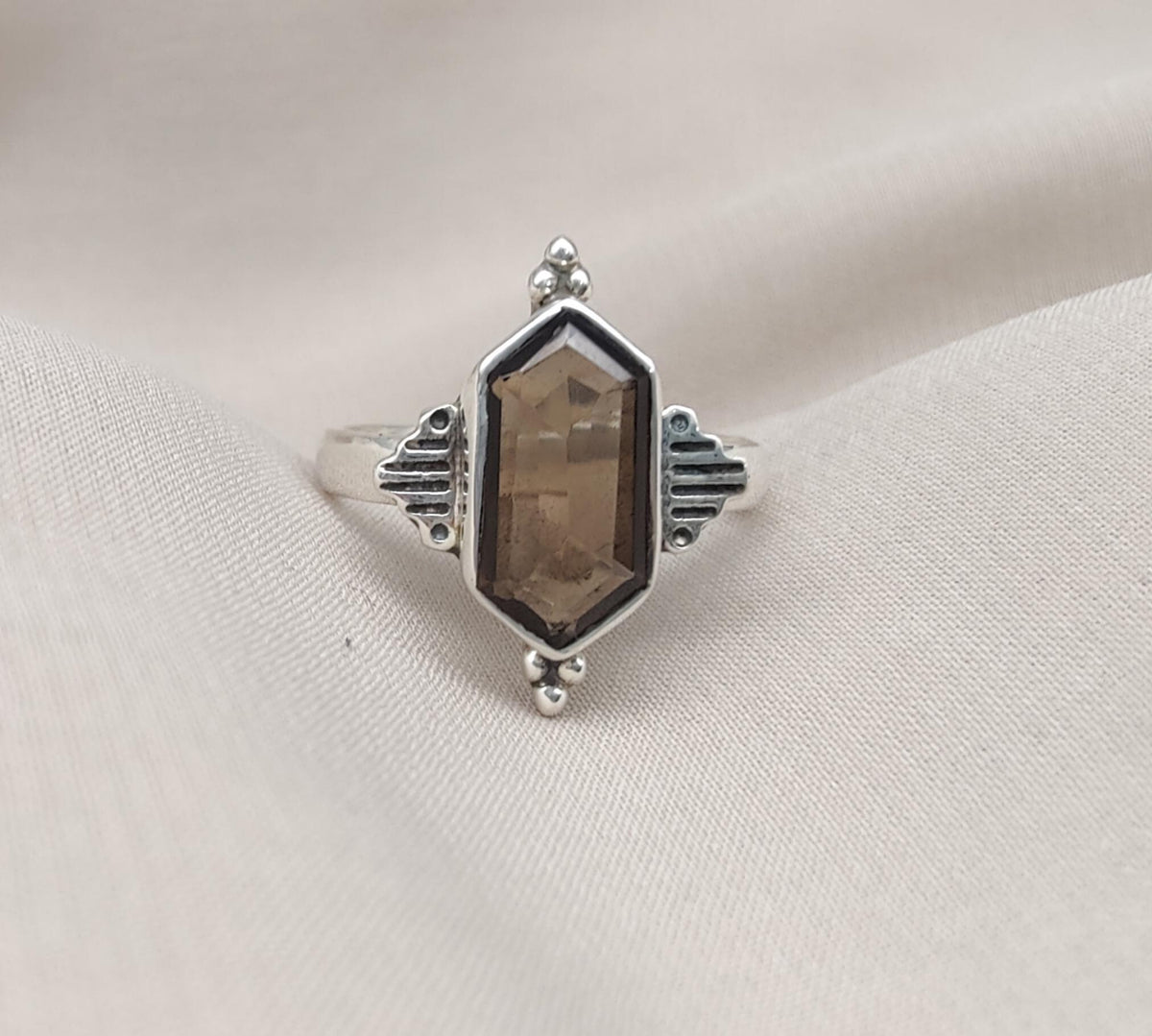 Smoky Quartz Sterling Silver Ring: Hexagon Gemstone, Boho Jewelry