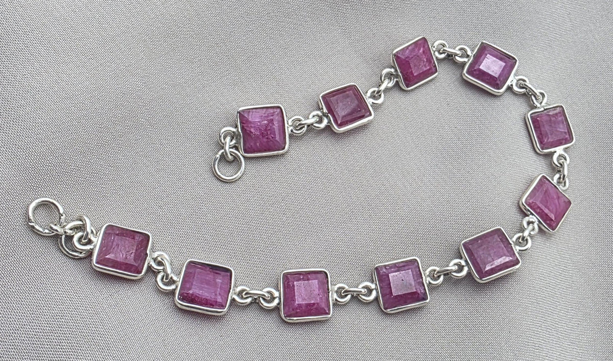 925 Sterling Silver Pink Ruby Bracelet Square Cut Gemstone Link Bracelet Gift for Her