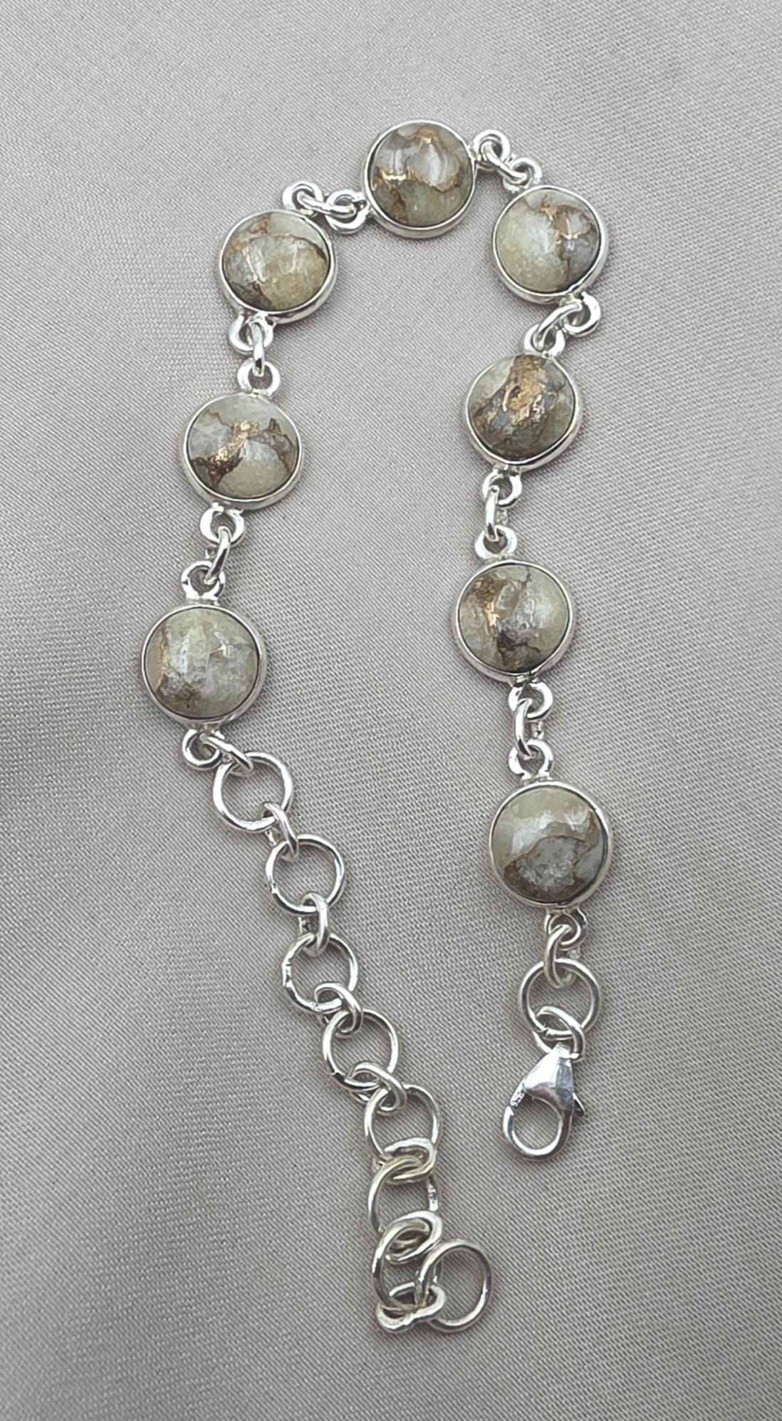 925 Sterling Silver Copper Calcite Bracelet Natural Round Gemstone Link Bracelet Gift for Her