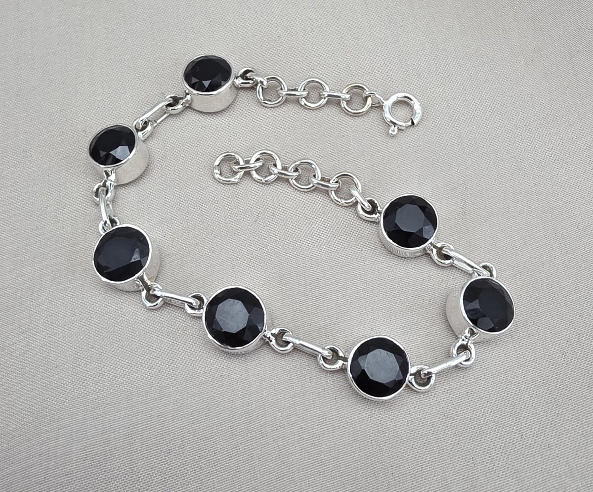 Black Onyx Bracelet 925 Sterling Silver Round Stone Link Bracelet Handmade Jewelry