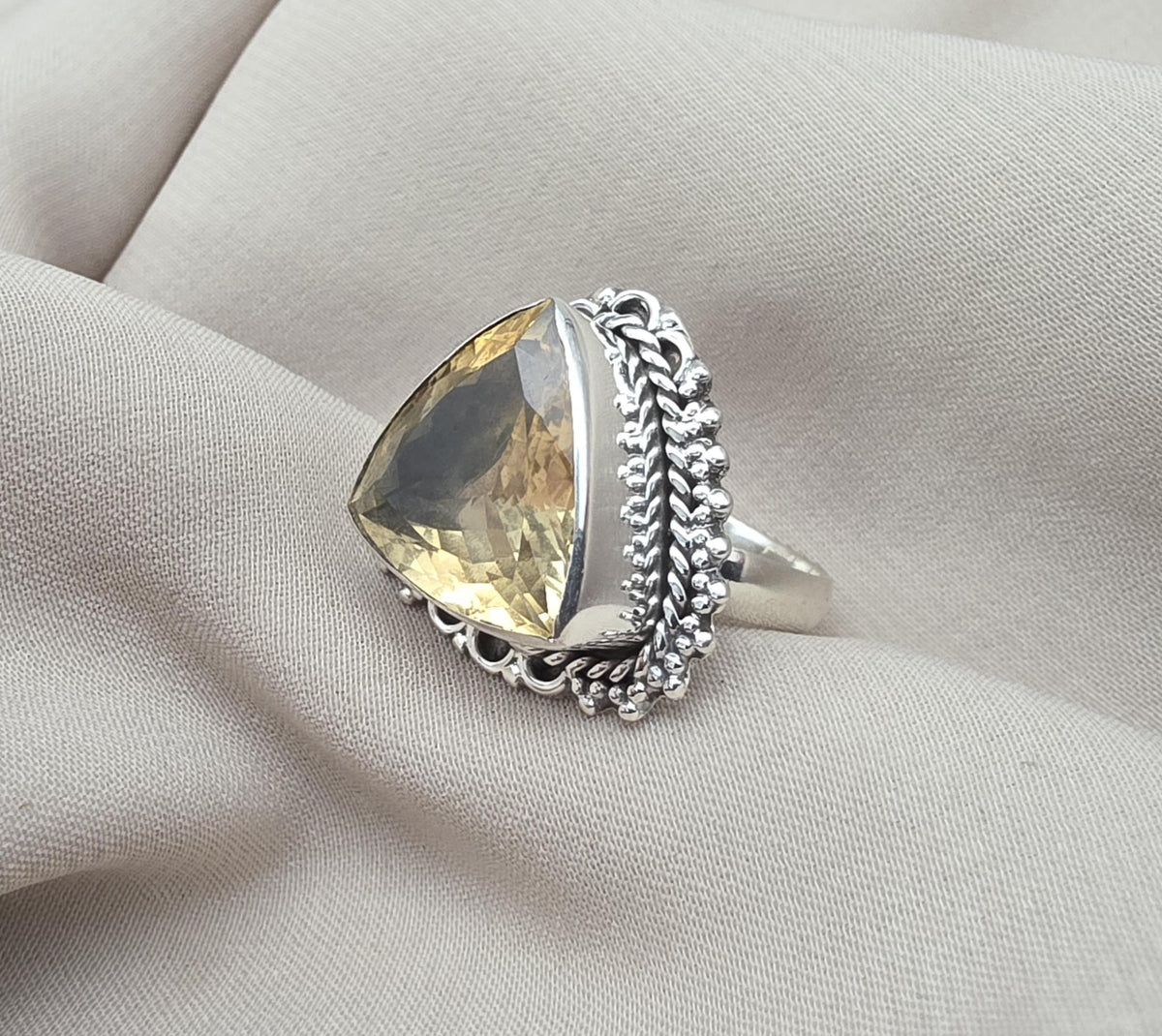Lemon Quartz Ring 925 Sterling Silver Natural Yellow Gemstone Triangle Cut Ring