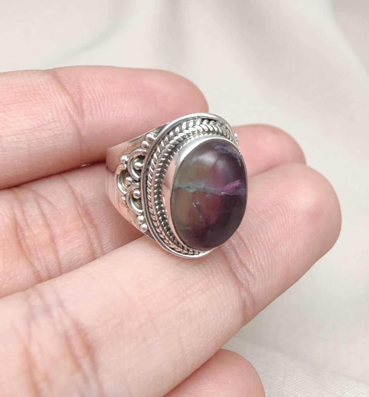 Rainbow Fluorite Ring: 925 Sterling Silver Boho Statement Jewelry
