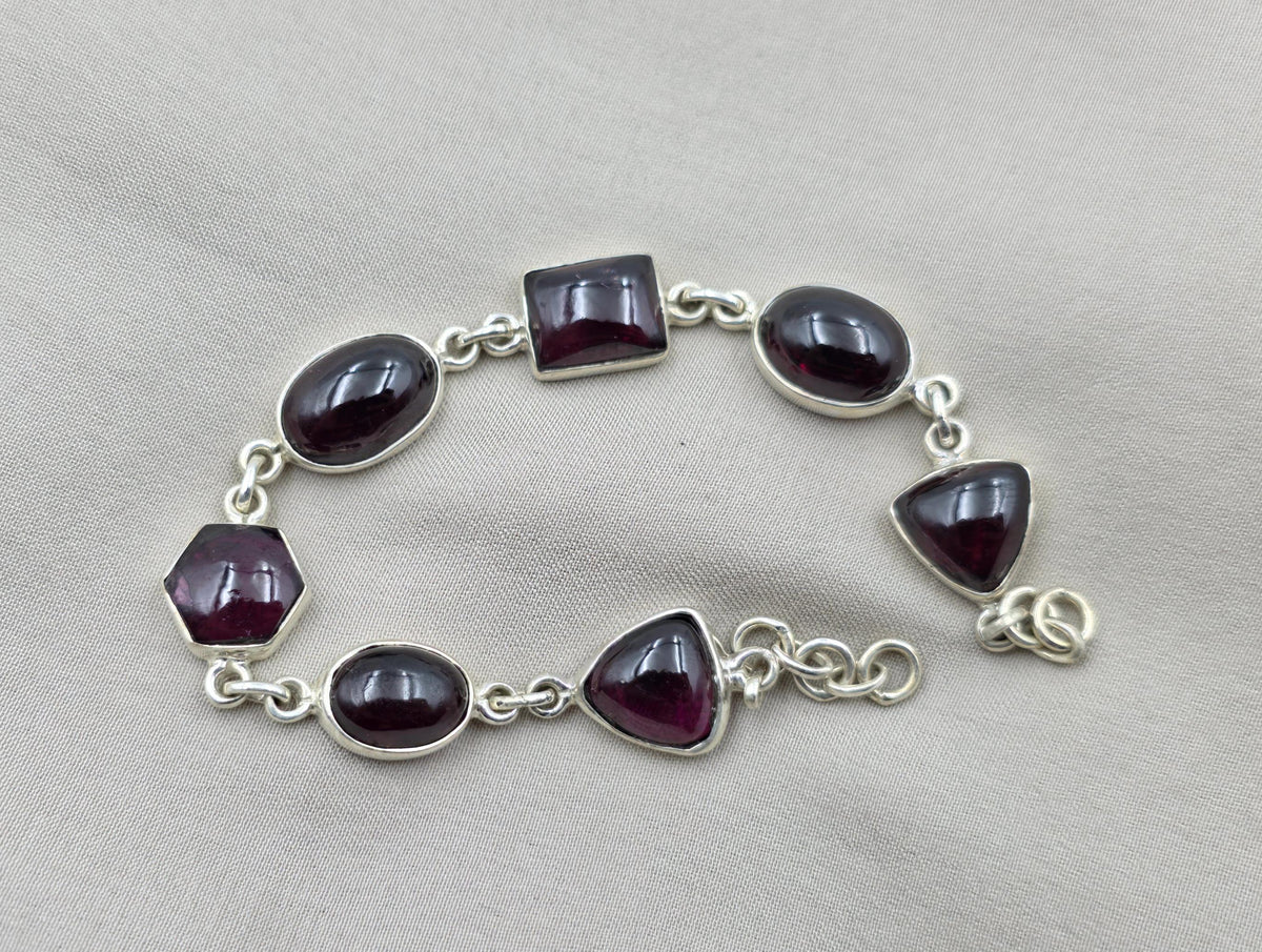 925 Sterling Silver Garnet Link Bracelet Natural Gemstone Handmade Artisan Jewelry Gift for Her