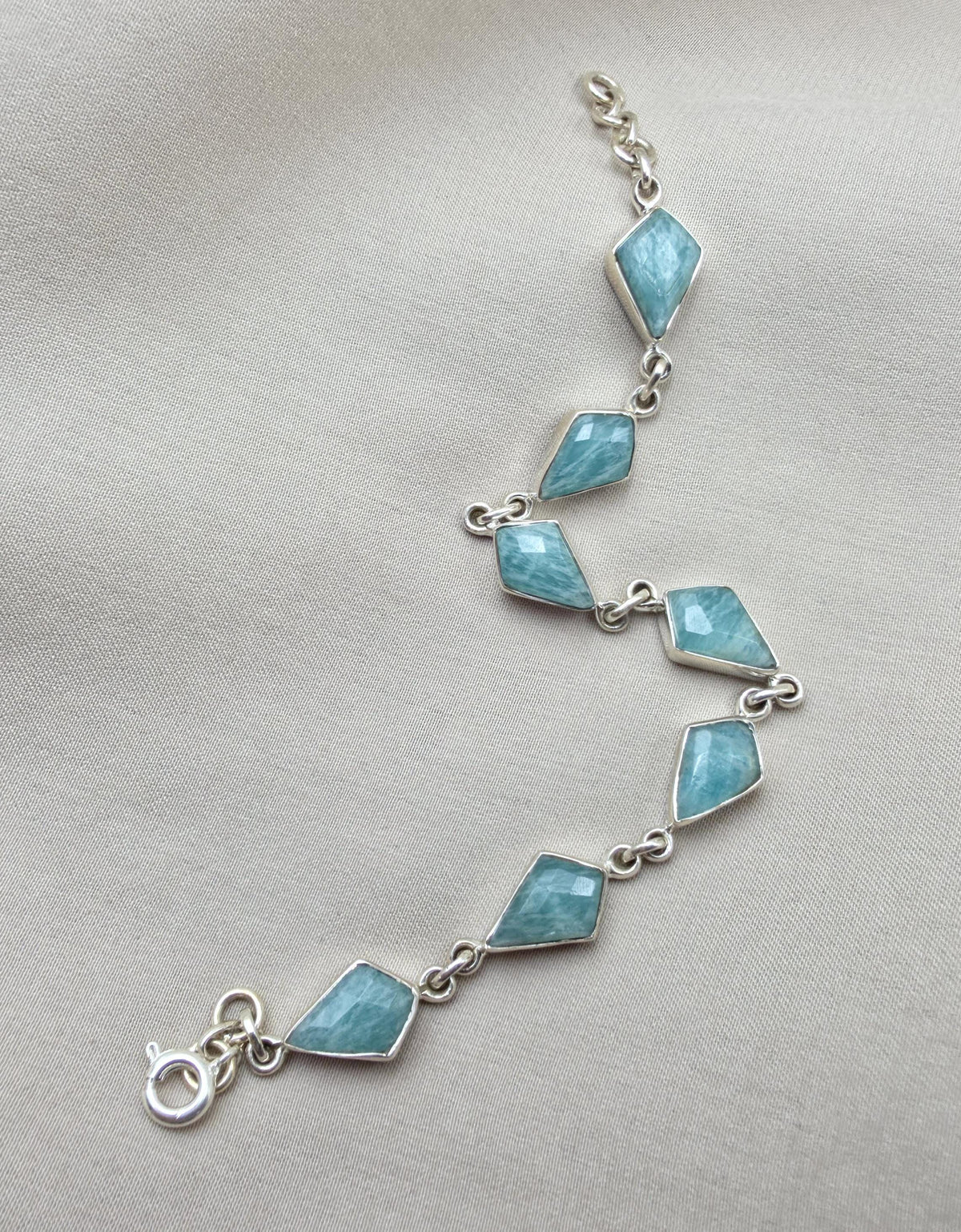 925 Sterling Silver Amazonite Bracelet Geometric Link Bracelet Blue Gemstone Jewelry