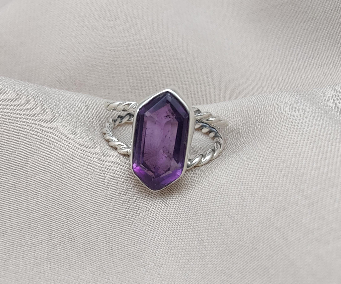 Amethyst Hexagon 925 Sterling Silver Ring: Twisted Band, Spiritual Jewelry