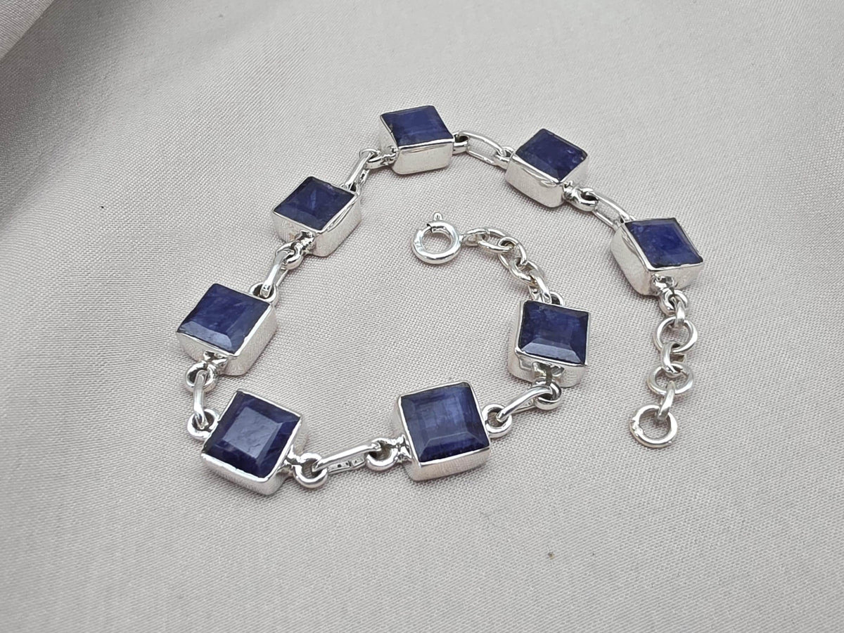Blue Sapphire Cushion Link Bracelet 925 Sterling Silver Square Faceted Gemstone Bracelet Handmade Jewelry