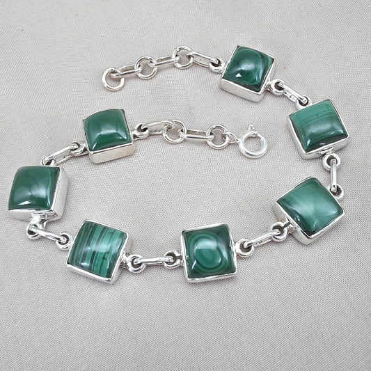 Malachite Bracelet 925 Sterling Silver Square Cabochon Link Bracelet Green Gemstone Handmade Jewelry Gift