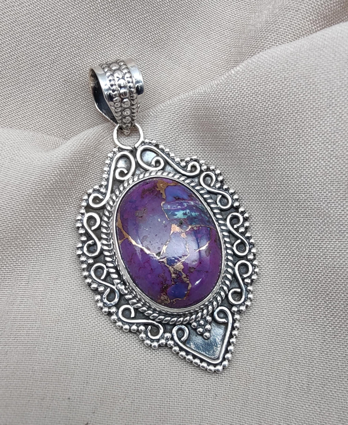 Purple Copper Turquoise Pendant: Sterling Silver Boho Healing Necklace
