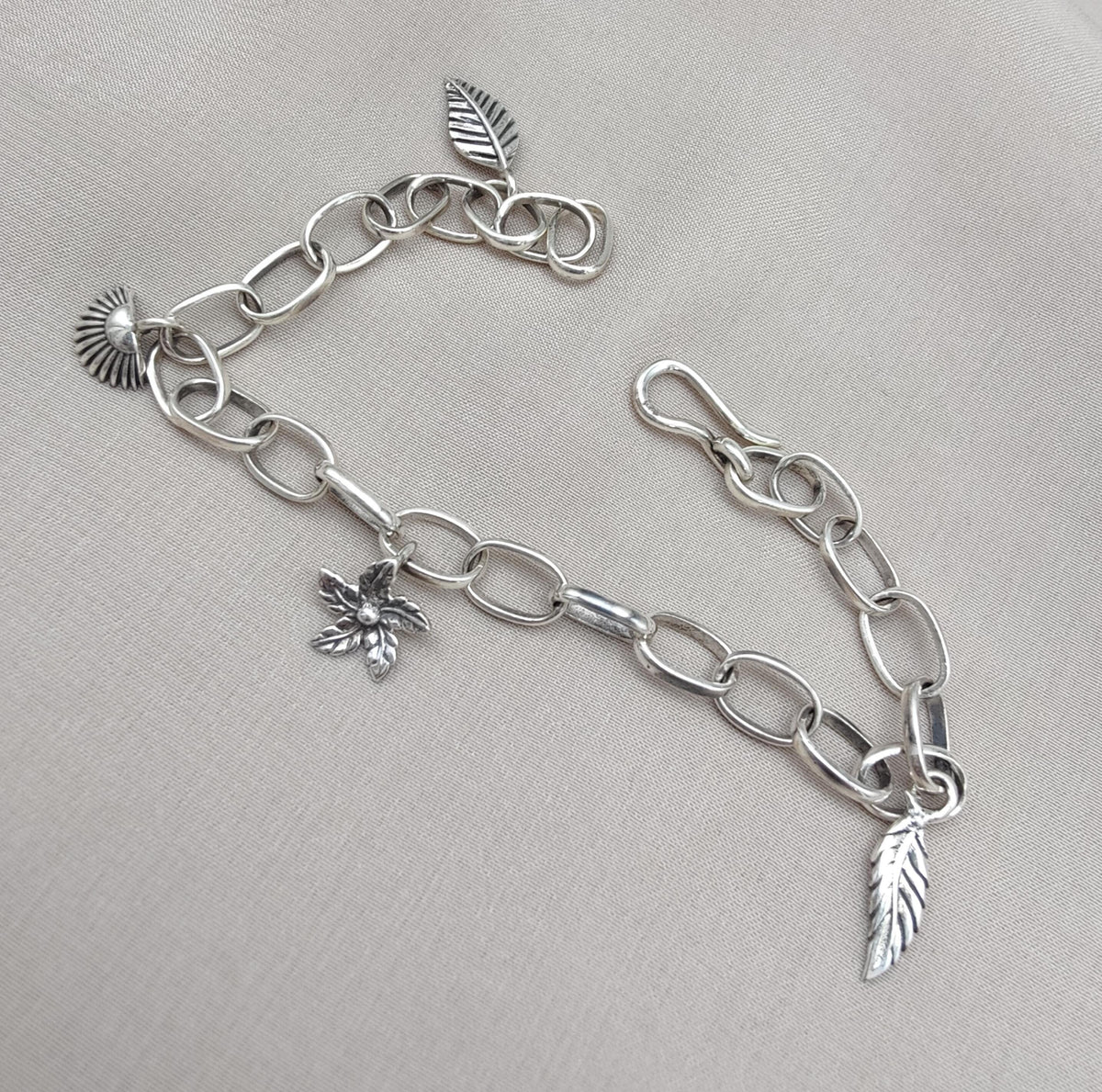 Sterling Silver Charm Bracelet: Leaf, Shell & Flower Charms - Handmade