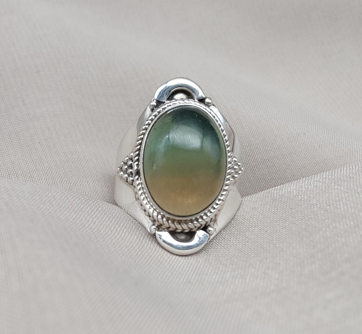 Fluorite Sterling Silver Ring: Green-Gold Crystal, Boho Healing Jewelry