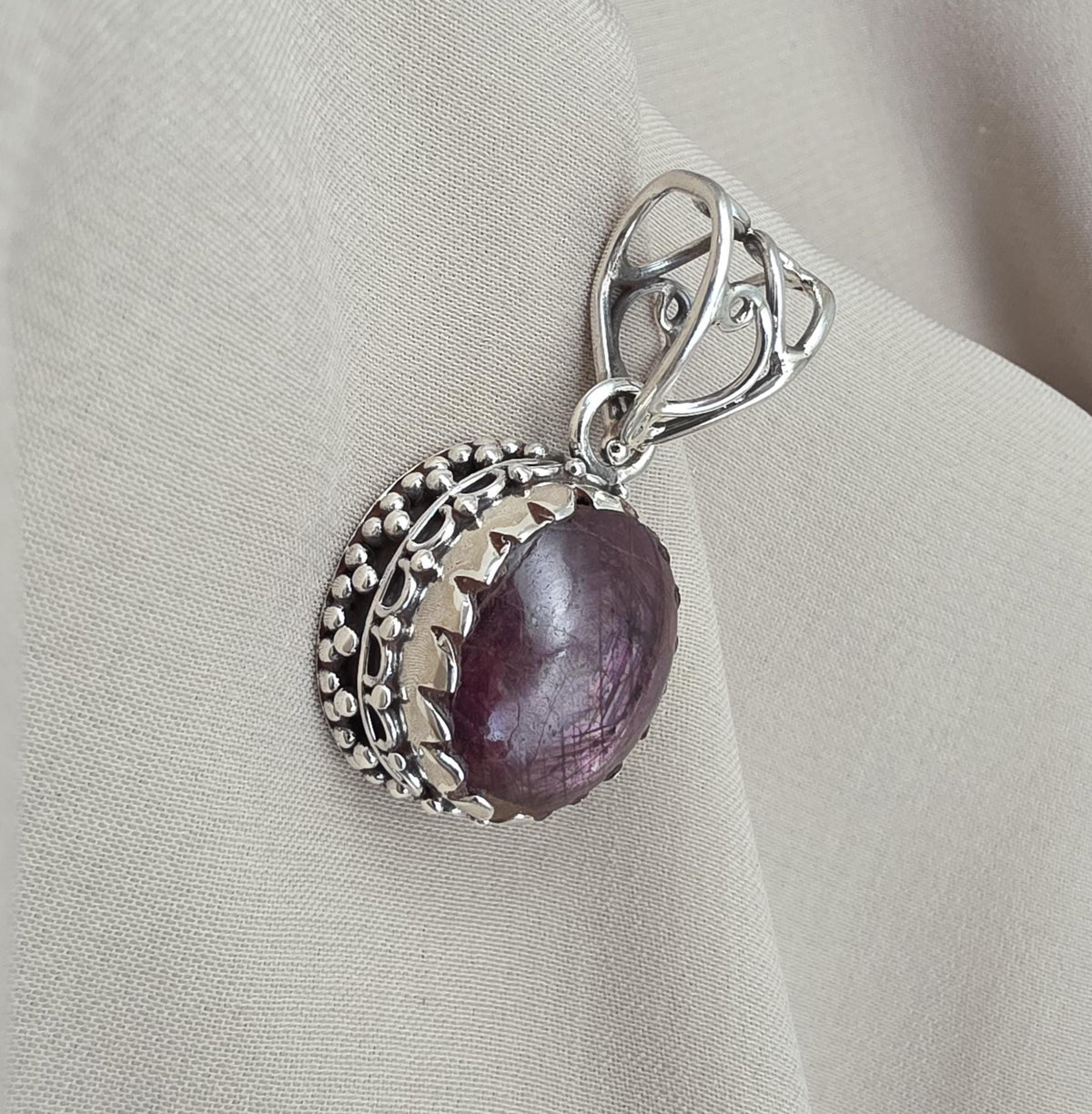 Natural Ruby Star Pendant Genuine Asteriated Ruby Cabochon Handmade 925 Sterling Silver Jewelry