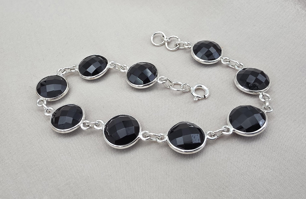 Black Onyx Bracelet 925 Sterling Silver Faceted Round Stone Link Bracelet Handmade Jewelry