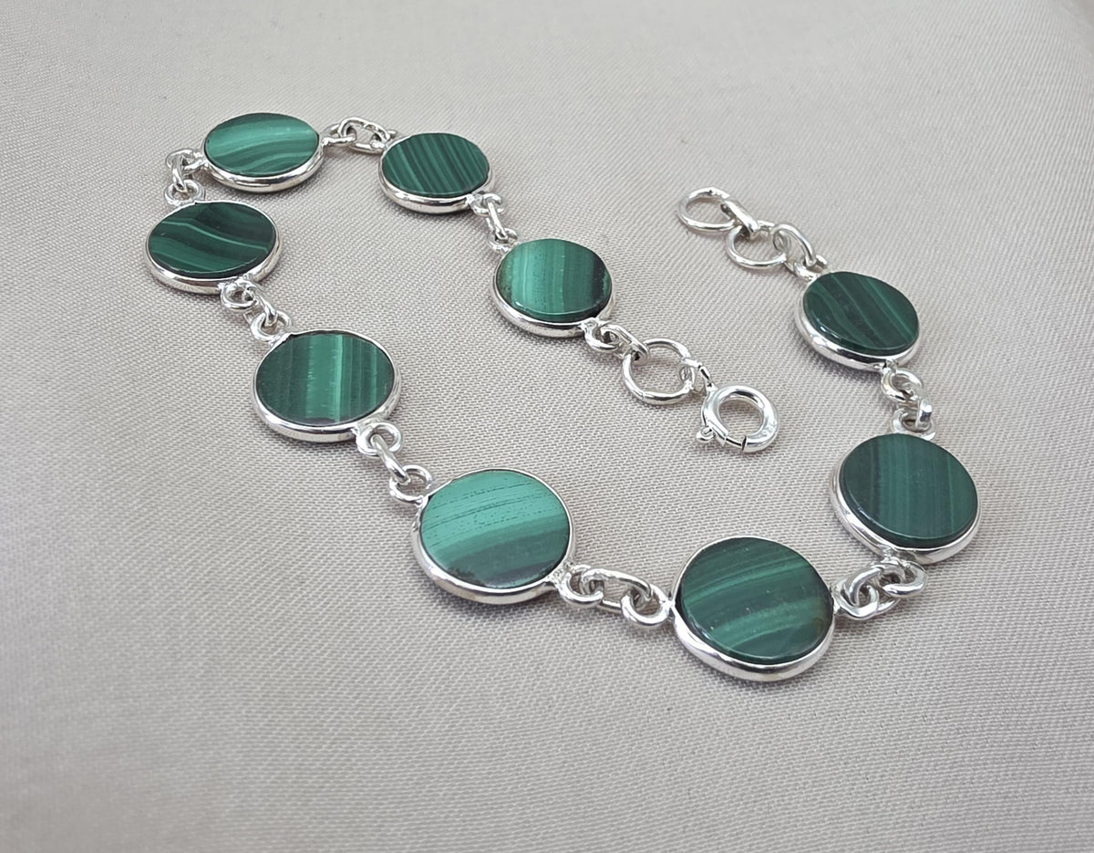 Malachite Bracelet 925 Sterling Silver Round Cabochon Green Gemstone Link Bracelet Handmade Jewelry