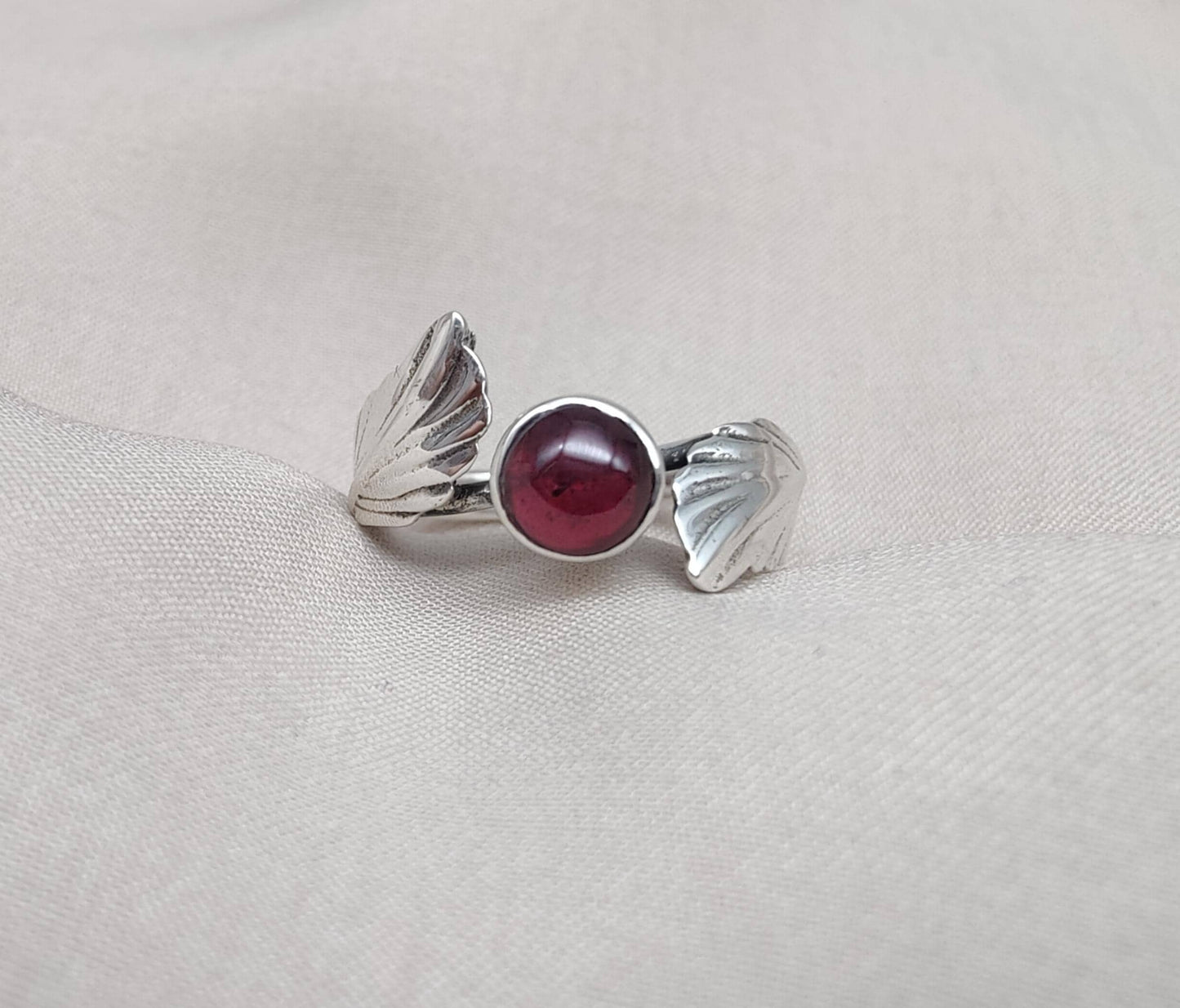 Red Garnet 925 Sterling Silver Ring – Adjustable Leaf Design, Natural Gemstone January Birthstone Jewelry